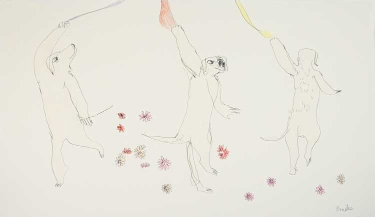 Emilie L. Gossiaux. Londons Dancing with Flowers, 2023. Ballpoint pen and crayon on paper, 63.5 x 88.9 cm (23 x 35 in). Courtesy the artist.