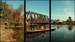 Rodney Graham, Paddler, Mouth of the Seymour, 2012-13. Painted aluminum lightboxes with transmounted chromogenic transparencies; triptych 304 x 554 x 18 cm (119 5/8 x 218 1/8 x 7 1/8 in), each panel 304 x 182 x 18 cm (119 5/8 x 71 5/8 x 7 in). © Rodney Graham. Courtesy the artist and Hauser & Wirth.