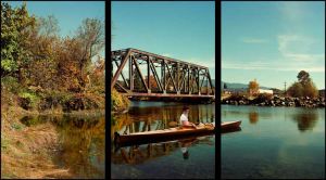 Rodney Graham, Paddler, Mouth of the Seymour, 2012-13. Painted aluminum lightboxes with transmounted chromogenic transparencies; triptych 304 x 554 x 18 cm (119 5/8 x 218 1/8 x 7 1/8 in), each panel 304 x 182 x 18 cm (119 5/8 x 71 5/8 x 7 in). © Rodney Graham. Courtesy the artist and Hauser & Wirth.