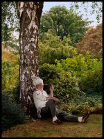 Rodney Graham, Betula Pendula Fastigiata (Sous-Chef on Smoke Break), 2011. Painted aluminum lightbox with transmounted chromogenic transparency, 243 x 182 x 18 cm (95 5/8 x 71 5/8 x 7 1/8 in). © Rodney Graham. Courtesy the artist and Hauser & Wirth.