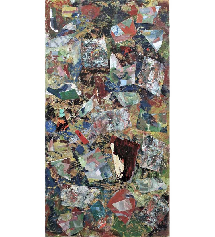 Robin Greenwood, Calcite Cult, 2020. Oil and collage, 114 x 60 cm. Image courtesy of the artist.