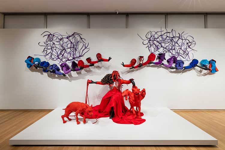 Mary Sibande. The Domba Dance, 2019. Life-size fibreglass, bronze, cotton, and silicone, 157 1/2 × 98 × 118 1/8 in (400.1 × 248.9 × 300 cm).
