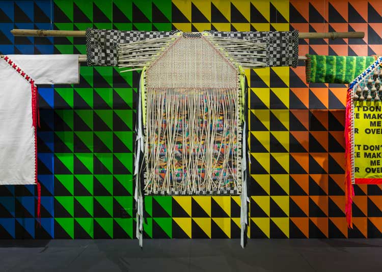 Jeffrey Gibson. The Anthropophagic Effect, Garment no. 4, 2019. Canvas, satin, cotton, brass grommets, nylon thread, artificial sinew, split reed, glass and plastic beads, nylon ribbon, 58 × 72 in. (147.3 × 182.9 cm). Courtesy the artist and Sikkema Jenkins Co., New York.