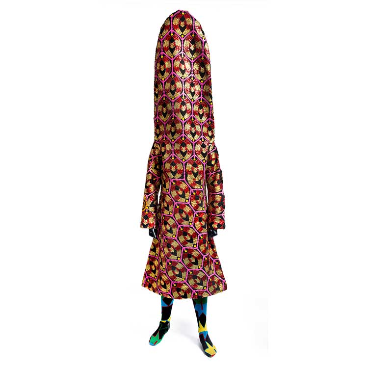 Nick Cave. Soundsuit, 2018. Mixed media including vintage textile and sequined appliqués, metal and mannequin, 98 1/4 x 27 1/2 x 15 inches (250.2 × 69.9 × 38.1 cm). © Nick Cave. Courtesy of the artist and Jack Shainman Gallery, New York.