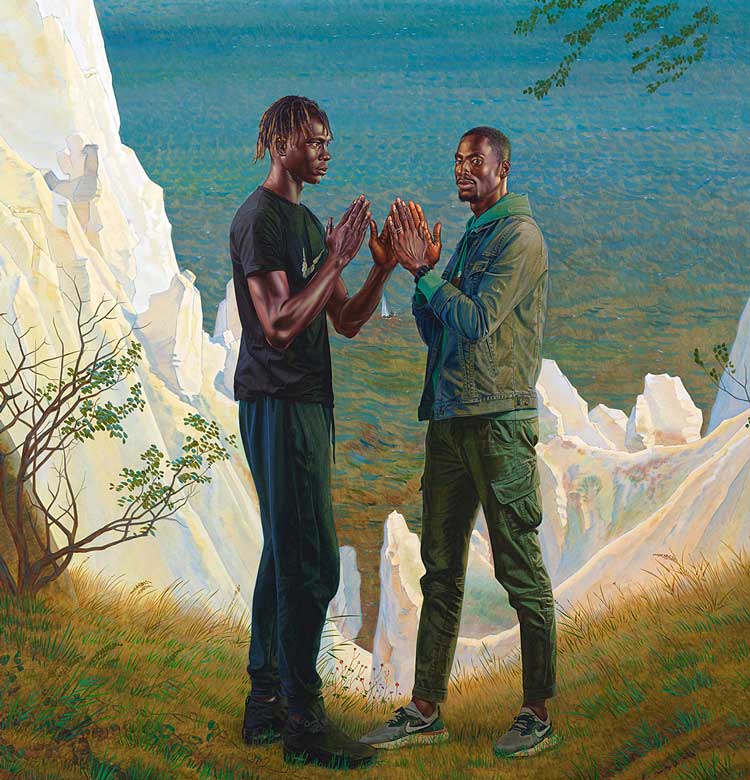 Kehinde Wiley. Prelude (Ibrahima Ndiaye and El Hadji Malick Gueye), 2021 (detail). Oil on linen, 387.2 × 305 cm. © Kehinde Wiley. Courtesy of Stephen Friedman Gallery, London and Galerie Templon, Paris.