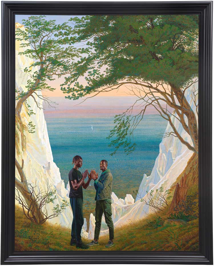 Kehinde Wiley. Prelude (Ibrahima Ndiaye and El Hadji Malick Gueye), 2021. Oil on linen, 387.2 × 305 cm. © Kehinde Wiley. Courtesy of Stephen Friedman Gallery, London and Galerie Templon, Paris.