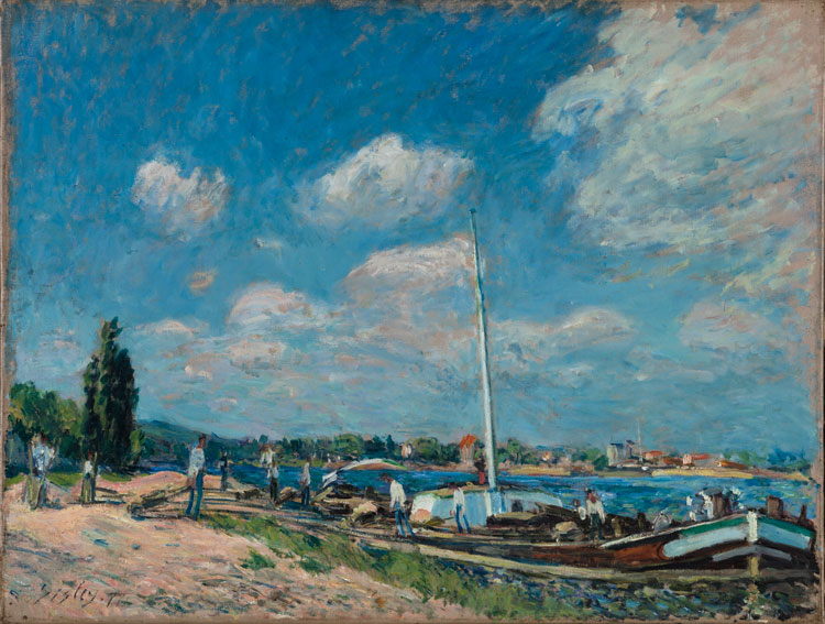 Alfred Sisley, Unloading Barges at Billancourt, 1877. Oil on canvas, 50 x 65 cm. © Ordrupgaard, Copenhagen.. Photo: Anders Sune Berg. Exhibition organised by Ordrupgaard, Copenhagen and the Royal Academy of Arts.
