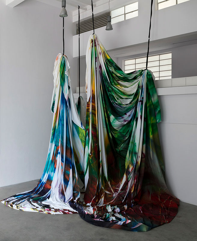 Katharina Grosse, The horse trotted a little bit further, 2020, acrylic on fabric, 5500 x 1500 cm. Exhibition view, Push the Limits, Fondazione Merz.