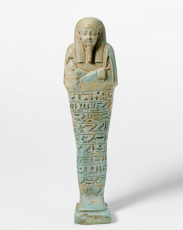 Funeral figurine (shawabti), Dynasty XXVI, reign of Amasis, 570-526 BC. Faience. The Robert and Lisa Sainsbury Collection, Sainsbury Centre for Visual Arts, University of East Anglia, UK, UEA 920.