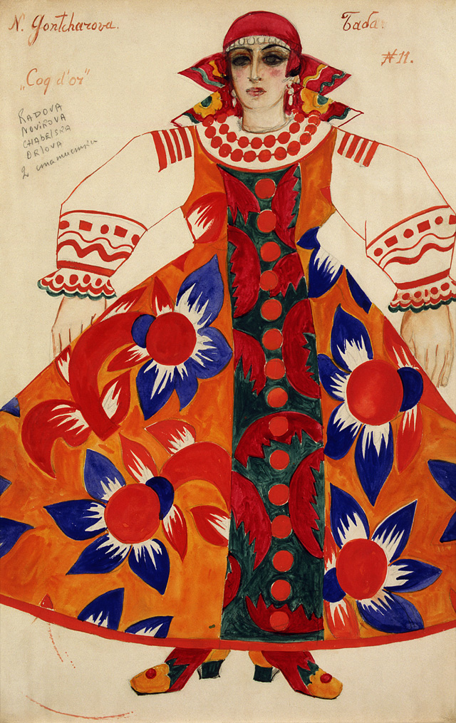 Natalia Goncharova. Peasant woman. Costume design for Le Coq d'Or, 1937. Watercolour, bronze paint and graphite on paper, 45.5 x 30 cm. State Tretyakov Gallery, Moscow. Presented by E. Kurnan 1983. © ADAGP, Paris and DACS, London 2019.