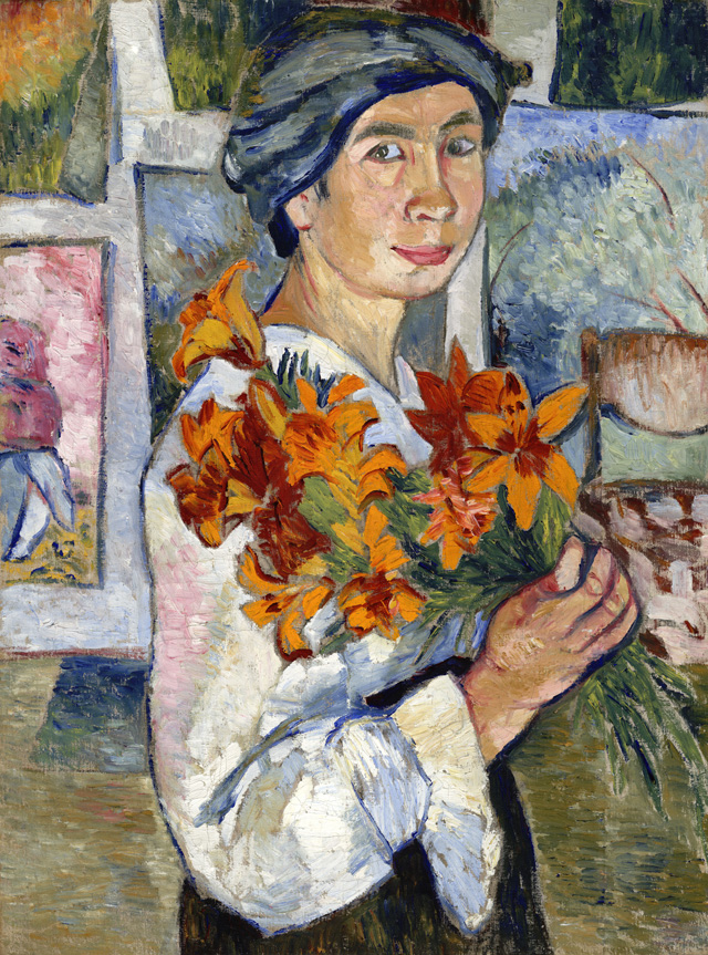 Natalia Goncharova. Self-Portrait with Yellow Lilies, 1907-08. Oil paint on canvas, 77.5 x 58.2 cm. State Tretyakov Gallery, Moscow. Purchased 1927. © ADAGP, Paris and DACS, London 2019.