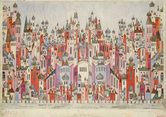 Natalia Goncharova. Set design for the final scene of The Firebird, 1954. Graphite and gouache on paper. Victoria and Albert Museum, London. © ADAGP, Paris and DACS, London 2019 .