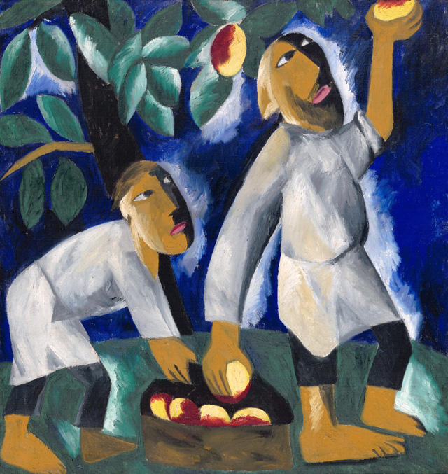 Natalia Goncharova. Peasants Picking Apples, 1911. Oil paint on canvas, 104.5 x 98 cm. State Tretyakov Gallery, Moscow. Received from the Museum of Artistic Culture 1929. © ADAGP, Paris and DACS, London 2019.