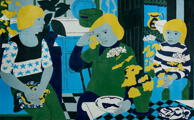 Norman Gilbert, People in a Kitchen with Plants, 1974. Oil on board, 76 x 122 cm. © Norman Gilbert.