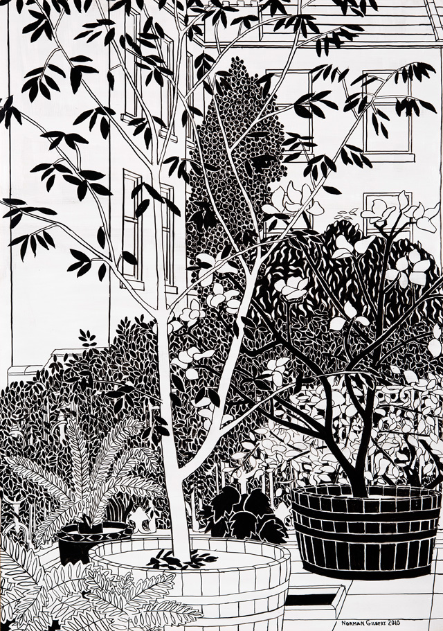 Norman Gilbert, Tubs, Trees and Tenaments, 2010. Indian ink on board, 122 x 86 cm. © Norman Gilbert.