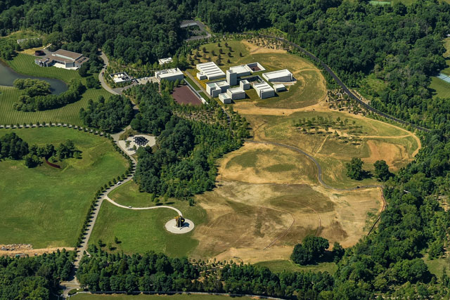 Aerial view of the Pavilions and the Gallery. Courtesy: Glenstone Museum.