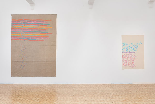Giorgio Griffa. Canone Aureo 286 (Philip Glass), 2015 (left); Canone Aureo 458, 2012. Installation view, gallery 2. Photograph: Mark Blower.