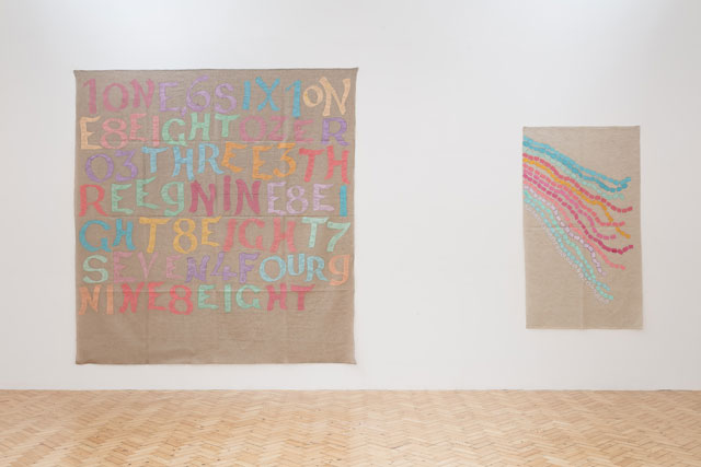 Giorgio Griffa. Canone Aureo 498 (Alighiero Boetti), 2015 (left); Canone Aureo 868, 2014. Installation view, gallery 2. Photograph: Mark Blower.