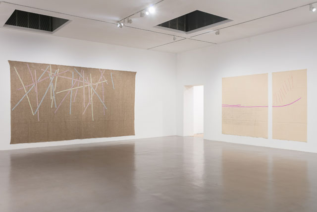 Giorgio Griffa. Paulo e Piero, 1982 (left); Tempera e Pastello, 2001 (right). Installation view, gallery 2. Photograph: Mark Blower.