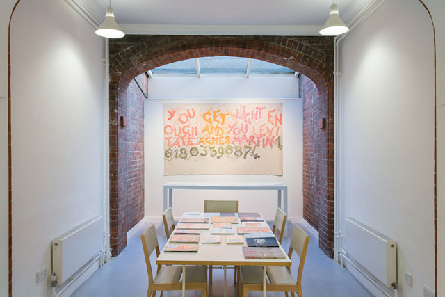 Giorgio Griffa. In the Reading Room, Canone Aureo 874 (Agnes Martin), 2016. Installation view. Photograph: Mark Blower.