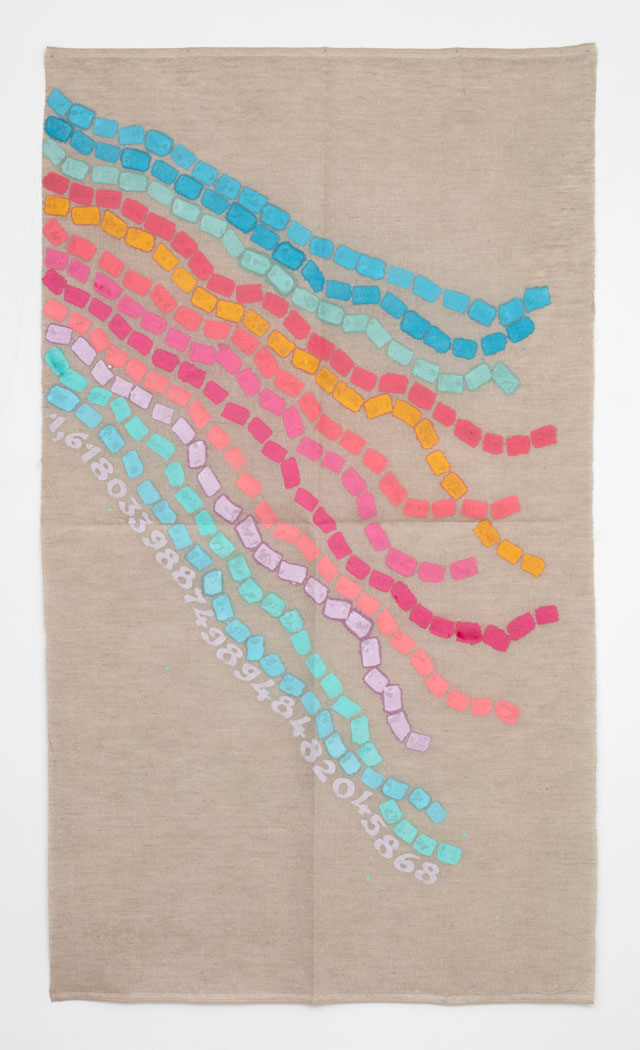 Giorgio Griffa. Canone aureo 868 (Alighiero Boetti), 2015. Acrylic on canvas, 300 x 286 cm. Courtesy Archivio Giorgio Griffa and Casey Kaplan, New York.