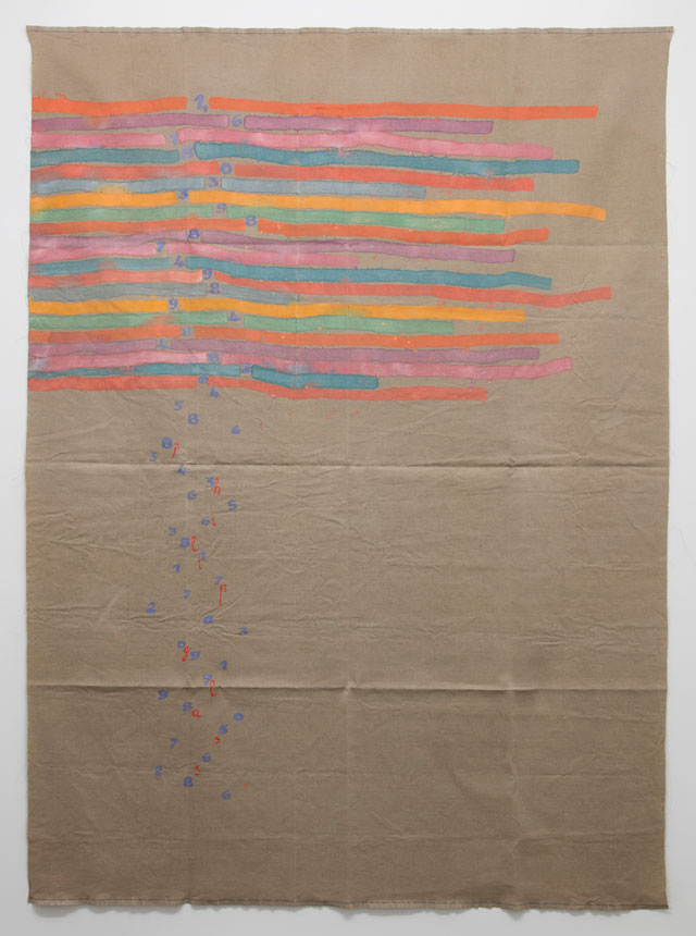 Giorgio Griffa. Canone aureo 286 (Philip Glass), 2015. Acrylic on canvas, 300 x 220 cm. Courtesy Archivio Giorgio Griffa and Casey Kaplan, New York.
