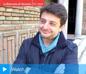 George Drivas talking to Studio International at the opening of Laboratory of Dilemmas, Greek Pavilion, Venice Biennale 2017. Photograph: Martin Kennedy.