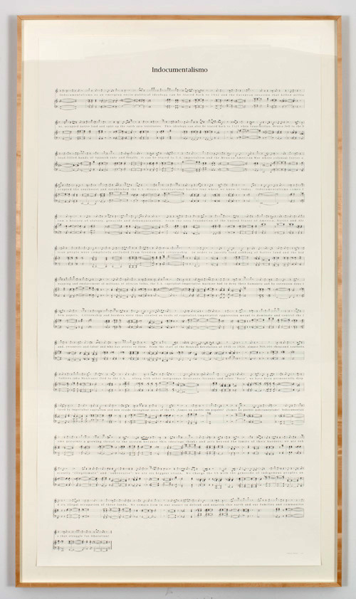 Charles Gaines. Manifestos 2: Indocumentalismo, (2010), 2013. Graphite on Rising Barrier paper, 89.75 x 48 in. Image courtesy of the Artist and Paula Cooper Gallery.