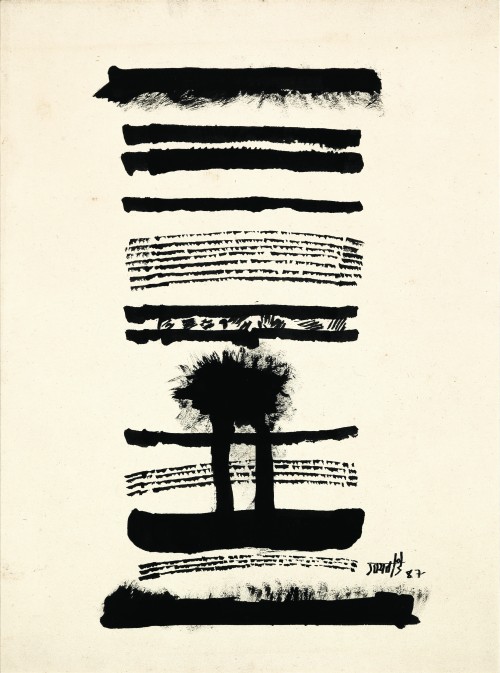 Vasudeo Santu Gaitonde. Untitled, 1987. Ink on paper, 14 3/8 x 10 7/8 in (36.5 x 27.5 cm). Collection of Ram Kumar. © Solomon R. Guggenheim Foundation, New York. Photograph: Anil Rane.