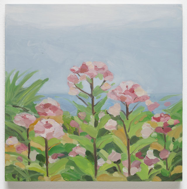 Maureen Gallace. Pink Flowers / Ocean, 2016. Oil on panel, 25.4 x 25.4 cm (10 x 10 in). © Maureen Gallace, courtesy Maureen Paley, London.