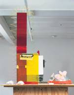 Isa Genzken. Fuck the Bauhaus #4, 2000. Plywood, Plexiglas, plastic slinky, clipboards, aluminum light shade, flower petals, tape, printed paper, shells, and model tree, 224 x 77 x 61 cm. Private Collection, Turin. Courtesy AC Project Room, New York. © Isa Genzken.