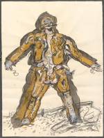 Georg Baselitz. Partisan, 1965. Yellow ochre gouache, grey wash, charcoal, graphite, white and pink pastel on paper. Presented to the British Museum by Count Christian Duerckheim.  Reproduced by permission of the artist. © Georg Baselitz.