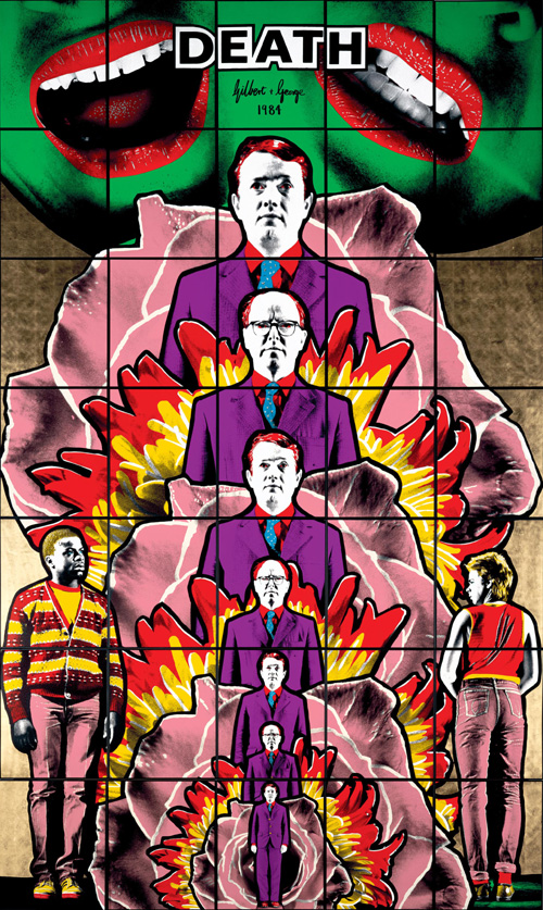 Gilbert & George. <em>Death Hope Life Fear</em> 1984 Tate © the artists Hand-coloured photographs, framed object: 4220 x 2500 mm object: 4220 x 6520 mm object: 4220 x 2500 mm object: 4220 x 6520 mm