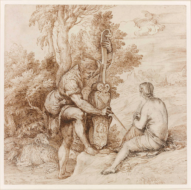 Titian. Two Arcadian Musicians in a Landscape. Pen and brown ink over black chalk on paper, 22.4 x 22.6 cm. On loan from the British Museum, London. © The Trustees of the British Museum.