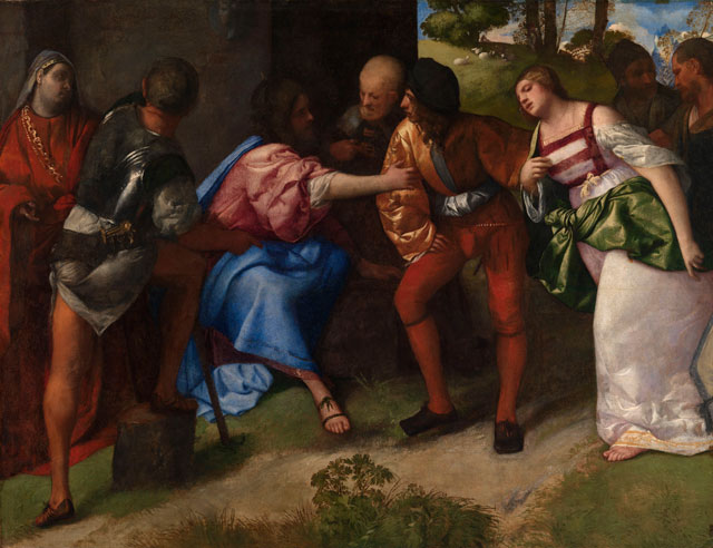 Titian. Christ and the Adulteress. Oil on canvas, 139.2 x 181.7 cm. Glasgow Life (Glasgow Museums) on behalf of Glasgow City Council. Archibald McLellan Collection, purchased 1856. Photograph © CSG CIC Glasgow Museum Collections.