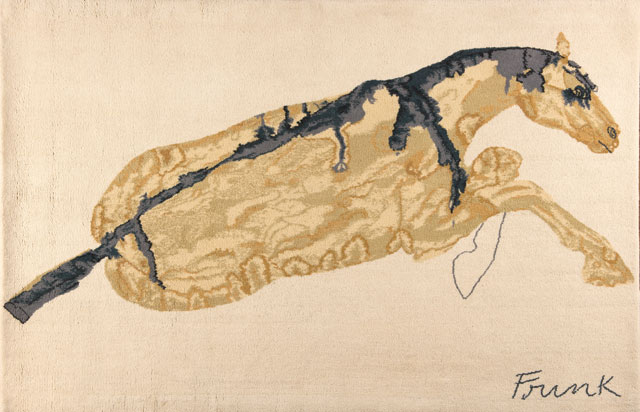 Elizabeth Frink. Reclining Horse, 1975. Hand knotted tapestry, 178 x 251 cm. Commissioned from the artist; Private collection. Image courtesy of The Fine Art Society.