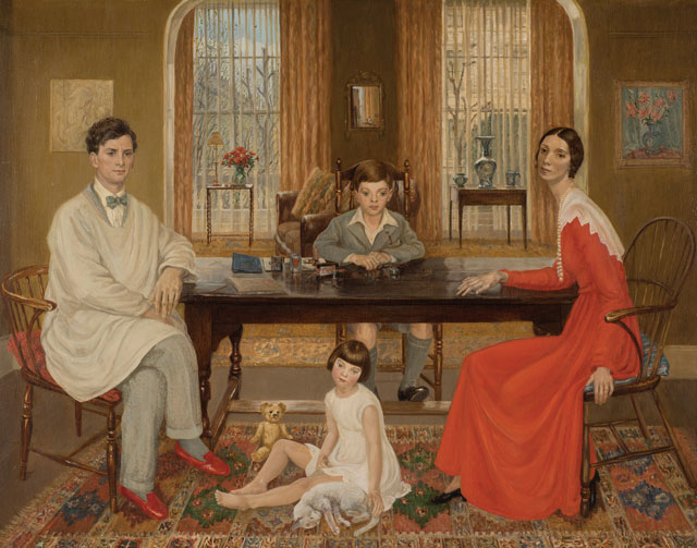 Muriel Wheeler. Self and Family, 1933. Oil on panel, 55.3 x 70.8 cm. Private collection. Image courtesy of The Fine Art Society.