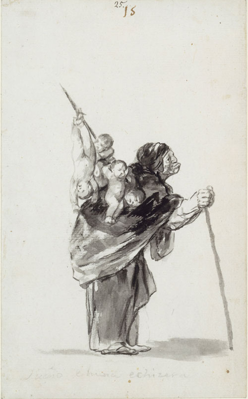 Francisco Goya. Sueno de buena echizera (Dream of a good witch), 'Witches and Old Women' Album (D), page 15, c1819-23. Brush, black and grey ink, 23.4 x 14.4 cm. Berlin, Staatliche Museen zu Berlin Preussischer, Kulturbesitz, Kupferstichkabinett.