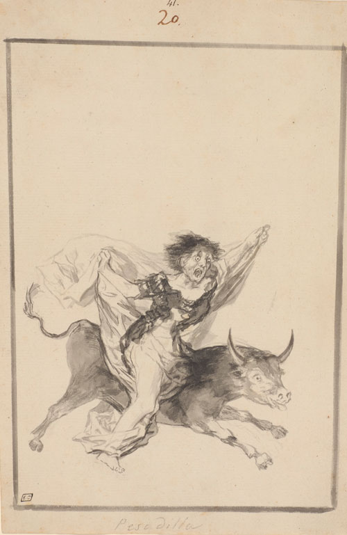 Francisco Goya. Pesadilla (Nightmare), 'Black Border' Album (E), page 20, c1816-20. Brush, black ink with wash and scraping 
36.4 x 18.1 cm. New York, The Morgan Library & Museum.