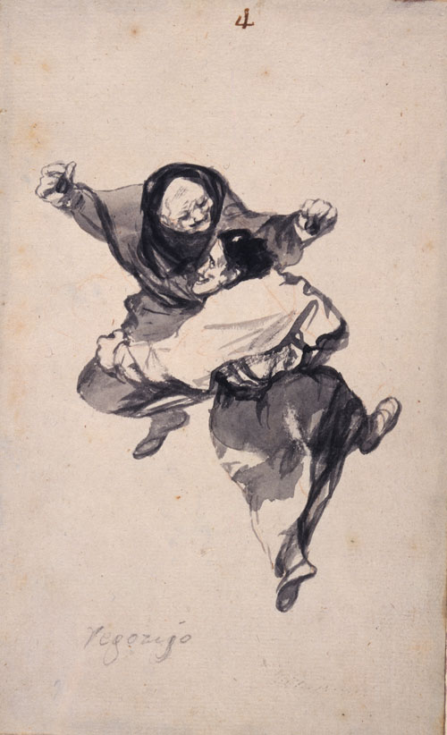 Francisco Goya. Regozijo (Mirth), 'Witches and Old Women' Album (D), page 4, c1819-23. Brush, black and grey ink with traces of red chalk and scraping, 23.7 x 14.8 cm. New York, The Hispanic Society of America.