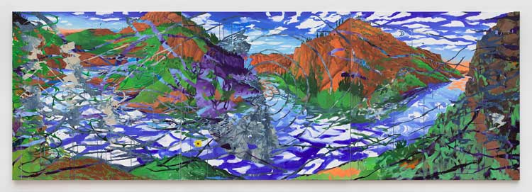 Esteban Cabeza de Baca, California via Colorado River via Rio Grande, 2025. Earth from Southwest United States with acrylic on indigo-dyed canvas, 60 × 180 × 2 in (152.4 × 457.2 × 5.1 cm). Courtesy of the artist and Garth Greenan Gallery, New York.