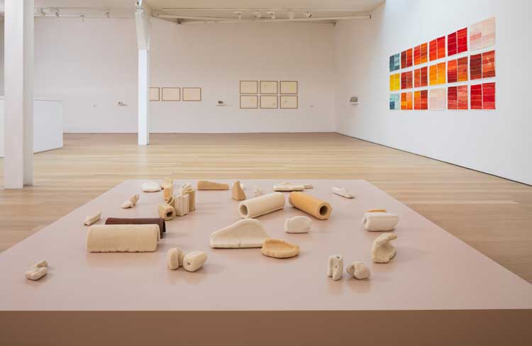 Ilana Halperin. From back to front: 
We are All Extremophiles, 2024-26, An Anatomy of Mars, 2024, and The Rock Cycle (Spring, Summer, Autumn), 2021/2026. Courtesy the artist and Patricia Fleming Gallery. Photo: Ruth Clark.