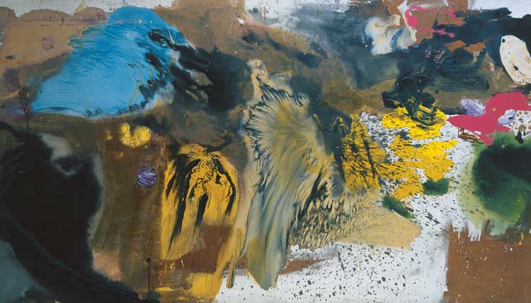 Gillian Ayres, Cwm, 1959. Oil and ripolin on board, 160 × 305 cm (63 × 120 ¹⁄₁₆ in). © The Estate of Gillian Ayres, Courtesy of Marlborough London.