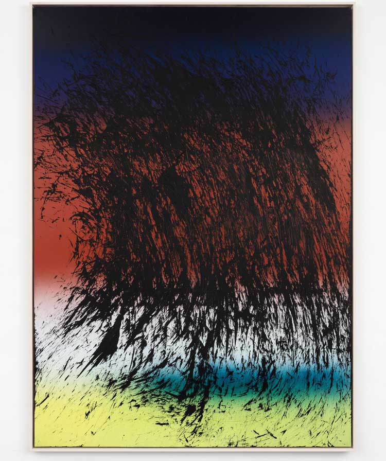 Hans Hartung, T1982-E21, 1982. Acrylic on canvas, 250 × 180 cm. © Hans Hartung / ADAGP, Paris 2026. Photo: Tanguy Beurdeley. Courtesy of Fondation Hartung Bergman and Perrotin.