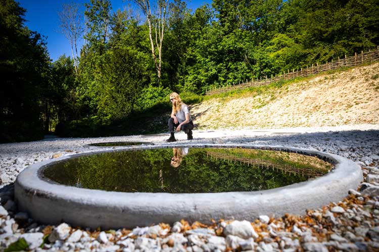 Nancy Holt, Hydra’s Head, 1974. Concrete, earth, water. Installation view: Goodwood Art Foundation, 2026. © Holt/Smithson Foundation / Licensed by Artists Rights Society, New York. Photo: Ciaran McCrickard / PA Media Assignments.