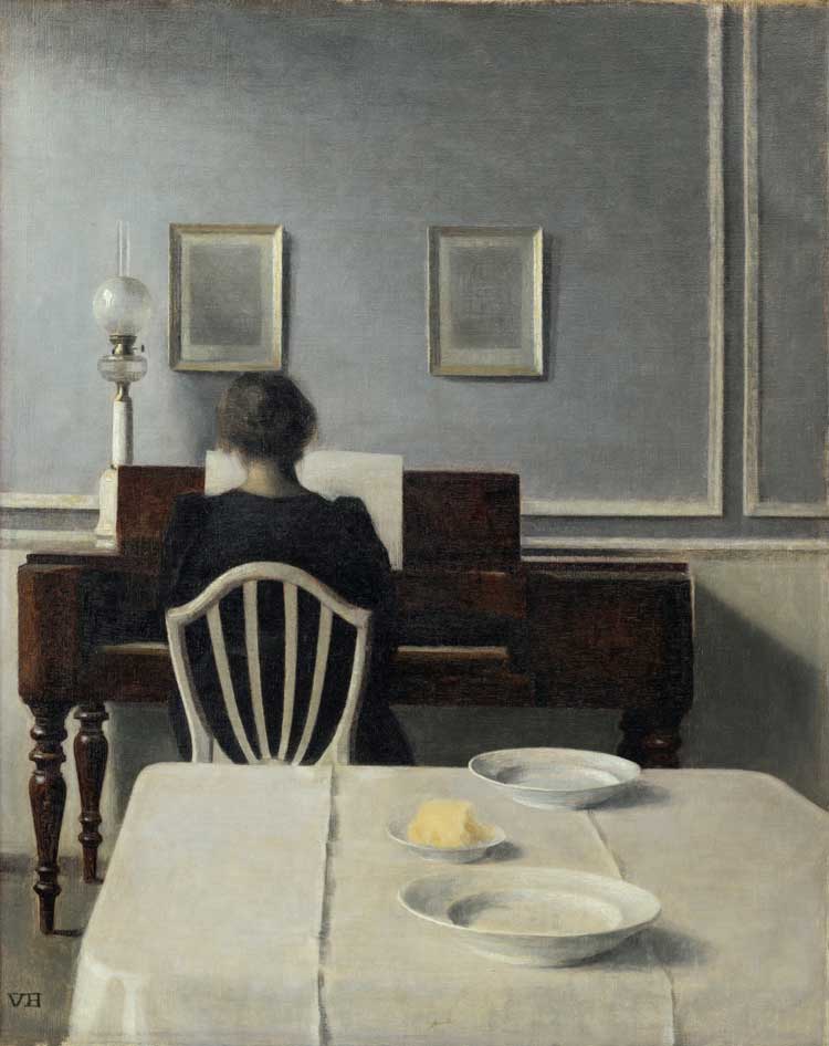 Vilhelm Hammershøi, Interior with Woman at Piano, Strandgate 30, 1901. Oil on canvas, 55.9 x 45.1 cm. Prize collection. Photo: © Bruno Lopes.