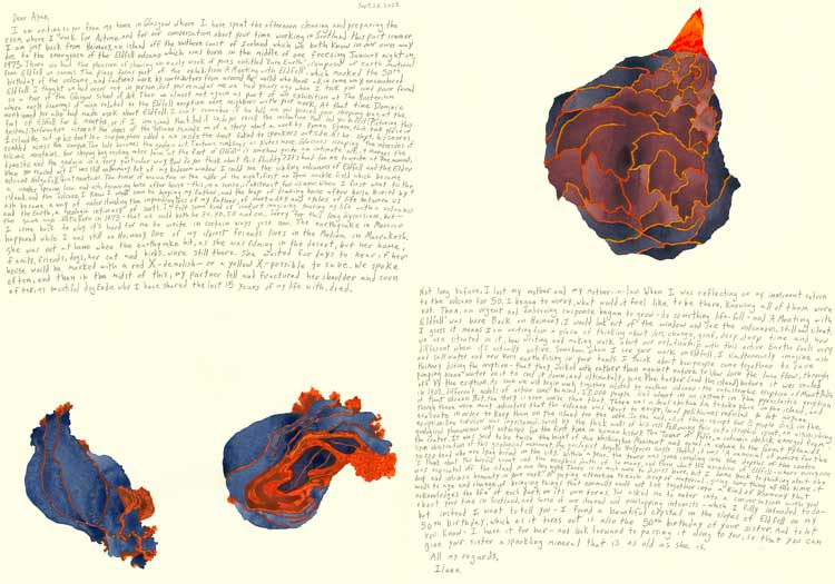 Ilana Halperin, Eldfell is 51, 2025. Watercolour on Fabriano paper, four works, each 28 x 38 cm (unframed dimensions). courtesy the artist and Patricia Fleming Gallery