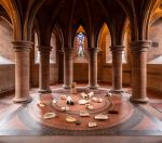 Ilana Halperin, The Rock Cycle, 2021/2026. Terracotta bricks and drainage tiles encrusted in a new layer of limestone over 3 months in the calcifying springs of the Fontaines Pétrifiantes de Saint-Nectair. courtesy the artist and Patricia Fleming Gallery.