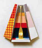 Robert Rauschenberg, Publicon–Station I, 1978. Painted wood cabinet with fabric collage, Plexiglas mirror, polished aluminum, with gold-leafed paddle and electric lights, 59 x 30 x 12 in (149.9 x 76.2 x 30.5 cm) all dimensions in closed position. Courtesy of Gemini G.E.L. and the Artist.