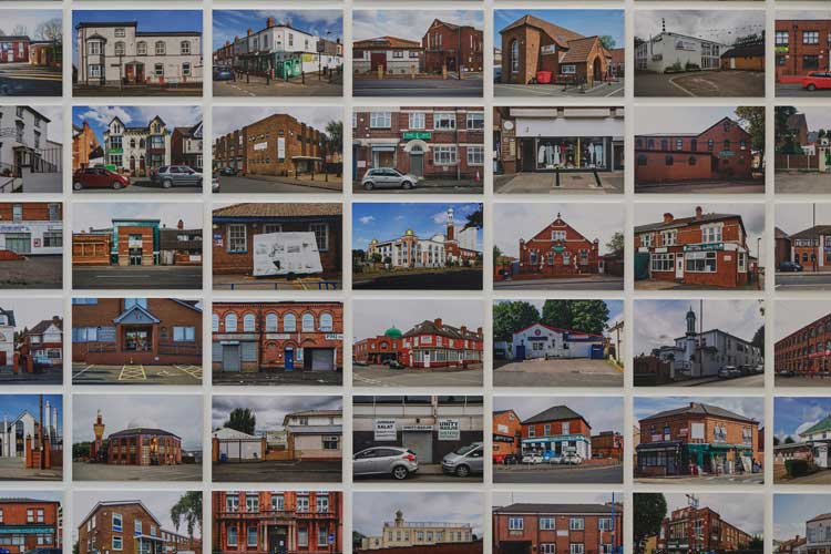 Detail of Mosque City: Birmingham’s Spiritual Landscape, 2023-25. Digital C–Type prints. Installation view, Mahtab Hussain, What Did You Want To See? Ikon Gallery, 2025. Image courtesy Ikon. Photo: David Rowan.